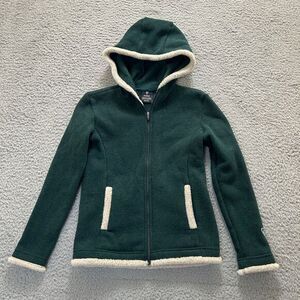 Kuhl Sweater Girls M(10) Green Apres Fleece Full‎ Zip Hooded Faux Sherpa Trim